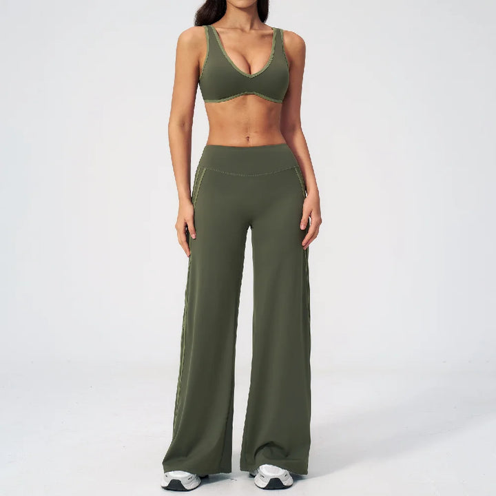 Flow Bra &amp; High-Waist Wide-Leg Pant Set - Green